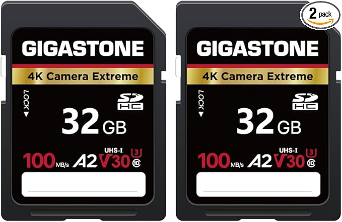【5-Years Data Recovery】 GIGASTONE 32GB SD Card 2-Pack, 4K Camera Extreme, A2 V30 SDHC Memory Card 4K Full HD Video Compatible with SPYPOINT TACTACAM Trail Camera