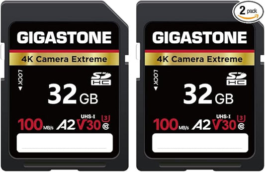 【5-Years Data Recovery】 GIGASTONE 32GB SD Card 2-Pack, 4K Camera Extreme, A2 V30 SDHC Memory Card 4K Full HD Video Compatible with SPYPOINT TACTACAM Trail Camera