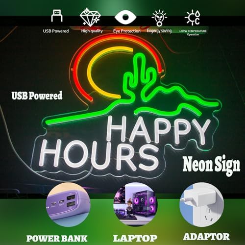 Happy Hours Neon Sign, USB 5V Powered LED Silicone Strip Neon Light, Acrylic Board Wall Decor for Bar Pub Man Cave Home Party, Non-Waterproof Indoor Use Only