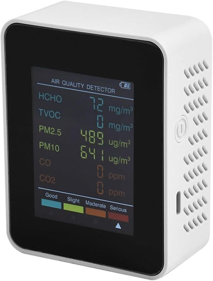 Air Quality Monitor, Multifunctional 6 in 1 C02 Detector PM2.5 PM10 HCHO TVOC Meter Air Quality Monitor, Test Indoor Pollution and Humidity Indoor