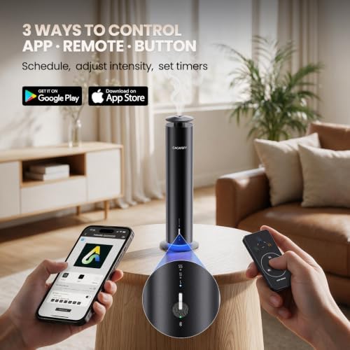 Cordless Waterless Diffuser for Essential Oils - Rechargeable Hotel Scent Diffuser for Large Room up to 1000 Sq Ft, App, Remote & Timer, Night Light, Includes 2 x 120ml Oils