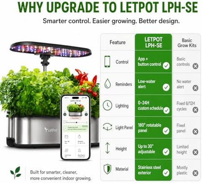 LETPOT LPH-SE Hydroponics Growing System, 12 Pods Smart Herb Garden Kit Indoor, Indoor Garden, APP & WiFi Controlled, with 24W Growing LED, 5.5L Water Tank, Pump System, Automatic Timer