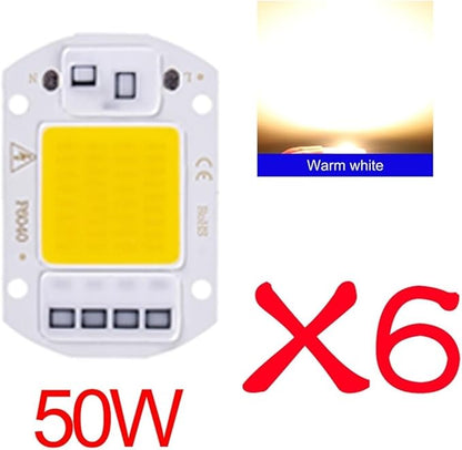 6PCS LED Chip AC 220V F6040 20W/30W/50W COB Lamp Bead Smart IC No Need Driver Outdoor Focus Spotlight Garden DIY Chip Lamp(6PCS 50W Warm White)