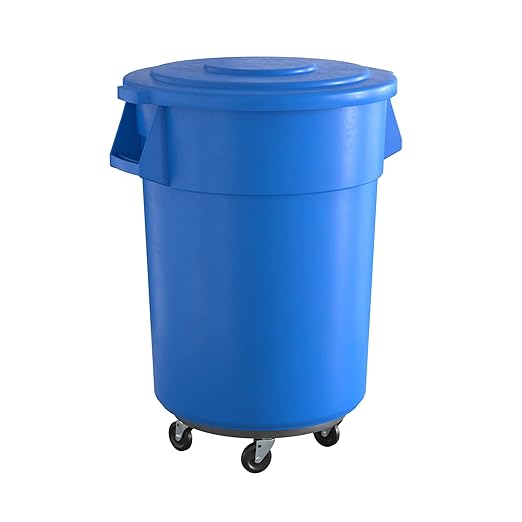 55 Gallon Blue Round Commercial Trash Can with Lid and Dolly, Heavy-Duty Food Grade NSF Certified, Perfect for Restaurant, Office, School, Garage, Backyard, Workshop, Warehouse
