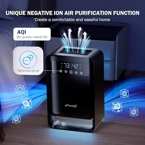 Frizzlife DH80 Dehumidifier with 135oz Water Tank, Small Dehumidifiers With Auto Shut Off & Purifying For Bedroom, Bathroom, Home, Low-Noise Quiet Sleep Mode with Timer, 7 Colors Light, Black