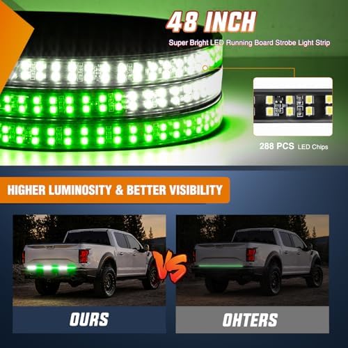 Nilight 48 Inch 288 LED Tailgate Strobe Light Strip Green White