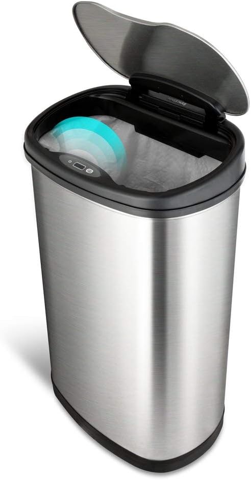 Ninestars 13 Gallon Oval Automatic Trash Can, 50L Touchless Motion Sensor Garbage Can with Odor-Sealing Lid & One-Touch Manual Mode, Silver Stainless Steel, Black Trim