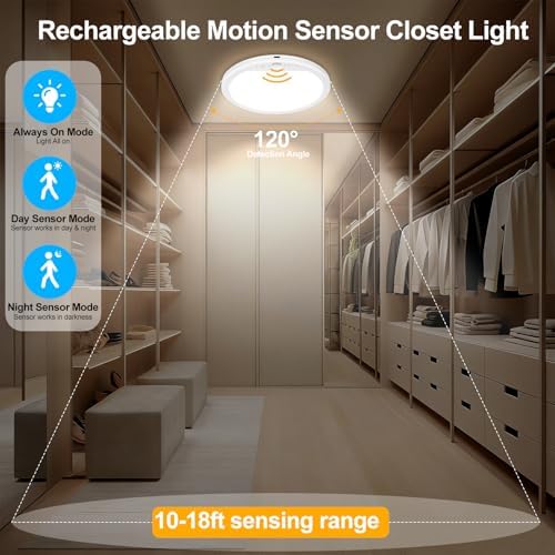 Rechargeable Motion Sensor Ceiling Light with Remote,Round,2 Pack