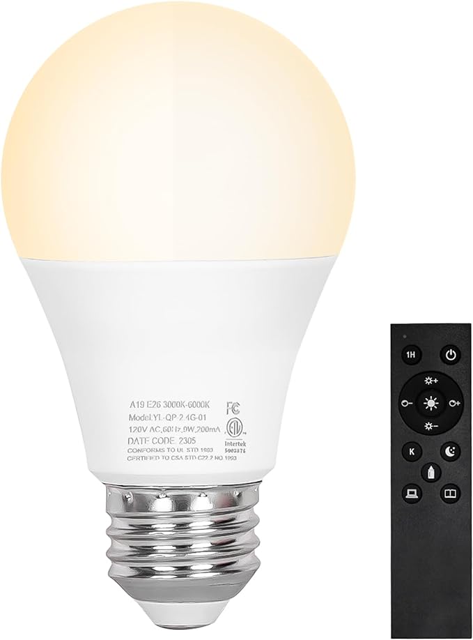 Brilvibera A19 LED Light Bulbs, E26 Dimmable Bulb with Remote Control, Warm White 2700k-6000K, 35000+ Hours Lifespan, Edison Dimmable LED Bulb for Floor Lamp, Desk Lamp, Pendant Light