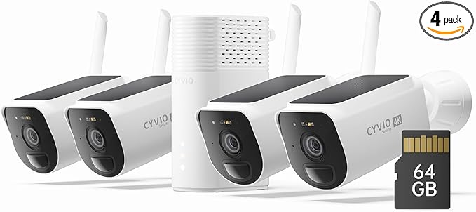 4K Solar Security Camera System Wireless Outdoor, 4-Cam Kit with Battery & Solar Power, CYVIO Long Range WiFi (Up to 700m), Color Night Vision, PIR Detection, No Subscription