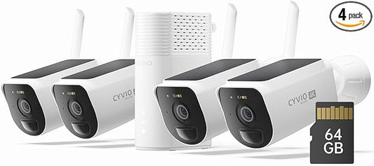 4K Solar Security Camera System Wireless Outdoor, 4-Cam Kit with Battery & Solar Power, CYVIO Long Range WiFi (Up to 700m), Color Night Vision, PIR Detection, No Subscription