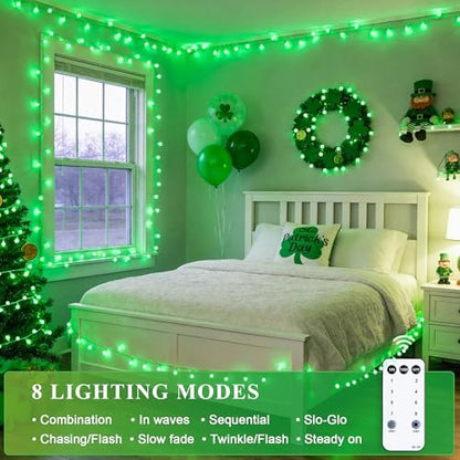 JMEXSUSS Connectable 100 LED Globe String Lights Indoor, 33ft 8 Modes Christmas String Light Plug in, Green Lights Outdoor for Room Bedroom Patio Deck Party St. Patrick's Day Decorations