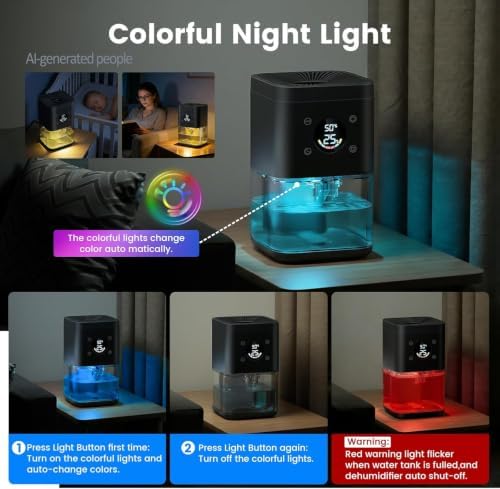 Small Dehumidifier for Bedroom – 63oz 35dB Quiet Auto Dehumidify (60/70%) & Continuous Mode for Bathroom Home Closet RV, Auto Defrost & Auto Shut-Off, 7-Color Light & Timer, Lightweight – Black