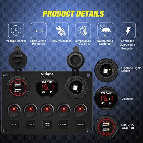 Nilight 5 Gang Multi-Function Rocker Switch Panel On Off SPST Toggle | 12V 12V/20A 24V/10A Dual USB Charger LED Voltmeter Cigarette Lighter for LED Light Bar Rear Rock Lights Trucks RV Boats 4X4 Red