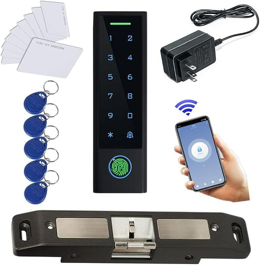 WiFi Remote Add Delete User Biometric Fingerprint RFID Password Access Control Systems +Push bar Lock +Cards and Key Fobs keypad Reader 110V-240V Power Adapter