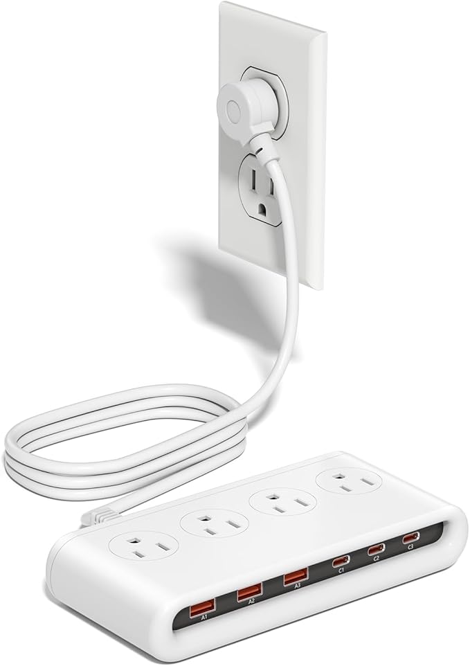 10-in-1 USB Charging Station with PD 20W Fast Charging, Surge Protector 6 USB Ports 4 AC Outlets 4.9ft Travel Power Strip with USB Ports Extension Cord for Home/Office/Travelling
