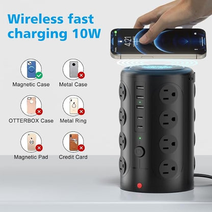 Tower Power Strip with 15W Wireless Charger, 15FT Extension Cord with Multiple Outlets, 16 AC Outlets & 5 USB (2 USB C) Charging Station Surge Protector for Office Home Dorm Room (Black)
