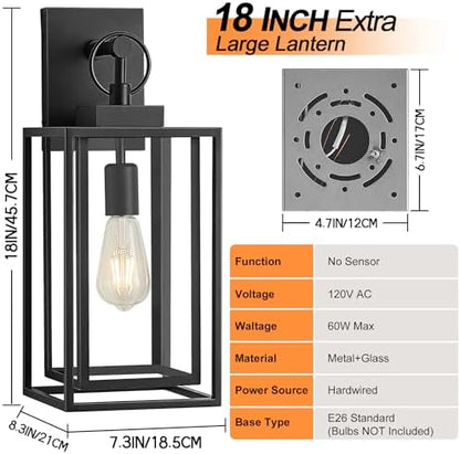 18 in Large Outdoor Light Fixture,Double Cage Square Black Outdoor Wall Lantern,Waterproof Outside Garage Lights,Exterior Porch Lights Wall Mount for Garage,Patio,Backyard,E26 Base,2 Packs