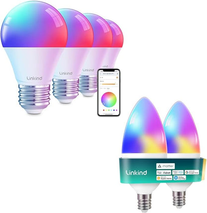 Linkind Matter E12 Smart Light Bulb 470lm RGBTW 2Pack Bundle Color Changing Smart Light Bulbs A19 4 Pack, Compatible with Alexa & Google Home