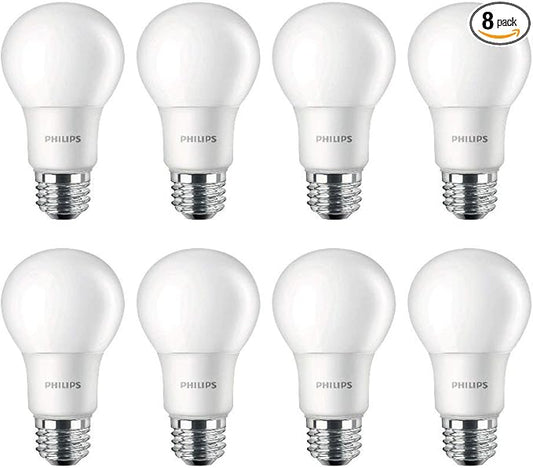 Philips LED Non-Dimmable A19 Frosted Light Bulb: 800-Lumen, 5000-Kelvin, 8-Watt (60-Watt Equivalent), E26 Base, Daylight, 8-Pack