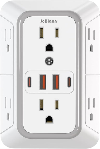 JcBlaon Outlet Extender Surge Protector - 6 Outlet Splitter with 4 USB Ports (2 USB C), Multiple Plug Expander Wall Charger, 3 Sided Multi Plug Wall Adapter Power Strip for Home Office Kitchen Travel