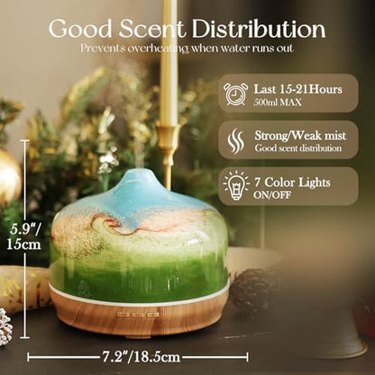 Porseme 500ml Glass Essential Oil Diffuser Aromatherapy Ultrasonic Cool Mist Humidifier 15-21 Running Hours Waterless Auto-Off Air Diffusers for Sleeping Yoga Working Spa(Blue Grass)