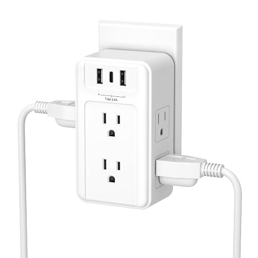 BN-LINK Multi Plug Outlet, 6 Wall Outlet Extender with 3 USB Charging Ports (1 USB C) Total 3.4A, 3-Sided Outlets Splitter Multiple Outlet Wall Plug for Home Office Dorm Room