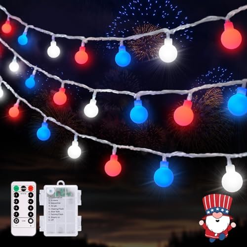 JMEXSUSS 33ft 100 LED Red White and Blue Lights Battery Operated