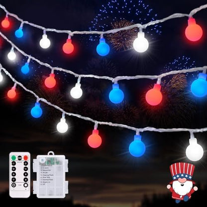 JMEXSUSS 33ft 100 LED Red White and Blue Lights Battery Operated