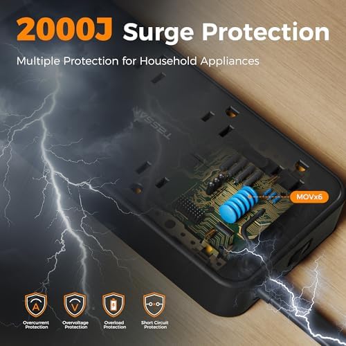 TESSAN Power Strip Surge Protector, 5FT Flat Plug Extension Cord