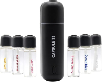 Car Perfume Starter Pack, Car Air Freshener, Ultrasonic Aroma Diffuser, 6 Fragrances (White Crystal, Red Diamond, East Gold, Ocean Blue, Sweet Cherry, Light Pink) (White)