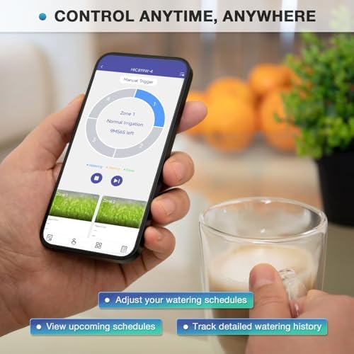 4 Zone Smart Sprinkler Controller with Local Weather Intelligence and Atmosphere Lights, Automated Watering and App Control WiFi Irrigation System, Save Water Through Rain Skip