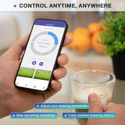 4 Zone Smart Sprinkler Controller with Local Weather Intelligence and Atmosphere Lights, Automated Watering and App Control WiFi Irrigation System, Save Water Through Rain Skip