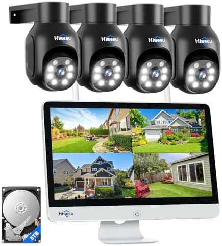 Hiseeu Wireless Security Camera System, 5MP 4 Cam-Kit, 15" LCD, 3TB HDD