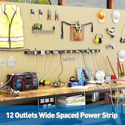 12 Outlet Industrial Long Power Strip Wide-Spaced Outlets with 15Ft Cord