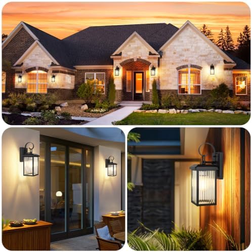 BesLowe 2-Pack Outdoor Wall Light Fixtures with Fluted Glass, Black