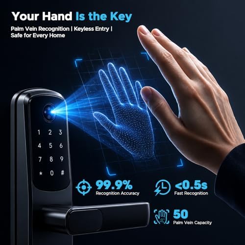 Camcamp Palm Vein Smart Lock, Keyless Entry Door Lock with Handle, Smart Door Lock with Doorbell for Front Door, Built-in Wi-Fi, Auto Lock, Backlit Keypad, IP65 Waterproof, DIY Installation