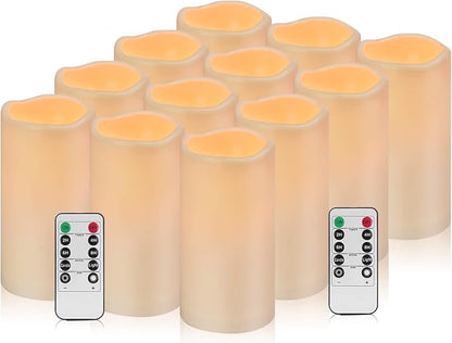 Flameless Candles 4" 5" 6" Outdoor Indoor Pillars Battery Operated Flickering Candles Include 10-Key Remote Timer 400+ Hours by 2 AA Batteries (Ivory Candle - Warm light, 3"D x 6" H - 12 Pack)