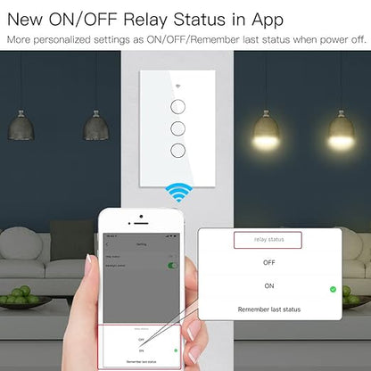 MOES Touch Wall Single Live Wire Smart Switch，No Neutral Wire Needed, 2.4GHz WiFi RF433 Light Switch Works with Smart Life/Tuya App, Alexa and Google Home, Single Pole 110V, White 3 Gang