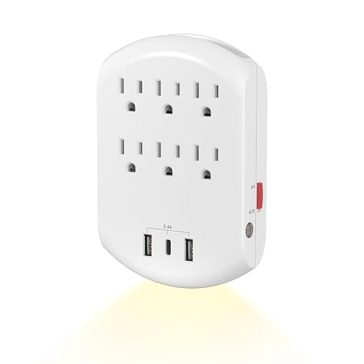 BN-LINK Outlet Extender, Multi Plug Outlets with 6 Outlets 3 USB Ports (3.4A Total), Dusk-to-Dawn Sensor Night Light, Outlet Splitter with Top Phone Holder, for Traveling, Home, School, Office