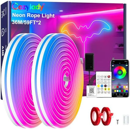 Cozylady RGB Neon Light LED Rope Light,Waterproof Bluetooth APP Remote Control Music Sync Strip Light,24V Flexible DIY Silicone Light for Bedroom Home Indoor Outdoor Decoration(36m/120ft)