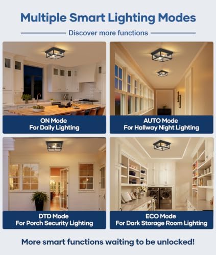 Motion Sensor Outdoor Ceiling Light with Remote, 10 Inch Matte Black Flush Mount Porch Light Fixture with United Glass Cover, 5 Modes Outside Flush Mount Light for Porch, Garage, Patio, Entryway