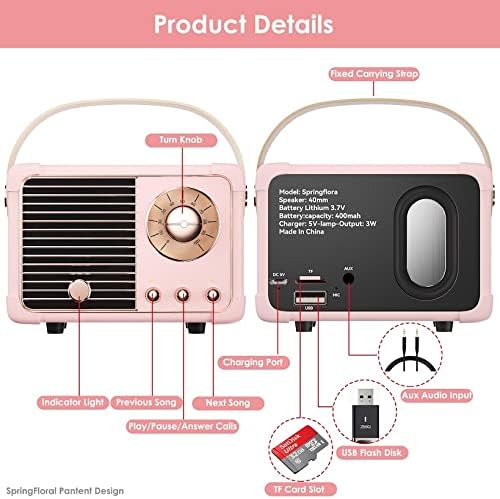 Retro Bluetooth Speaker, Portable Bluetooth Wireless Speaker, Hands-Free Call,400mA Battery,TF Card,Aux Line, for iPhone Android, Retro Decor for Home Office Birthday Gift Ideas Pink