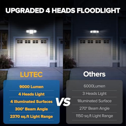 LUTEC 80W 9000LM Flood Lights Outdoor, Hardwired Switch Controlled LED Security Lights with 4 Heads, IP65 Waterproof, 5000K Daylight for Garage, Yard, Patio (Black)
