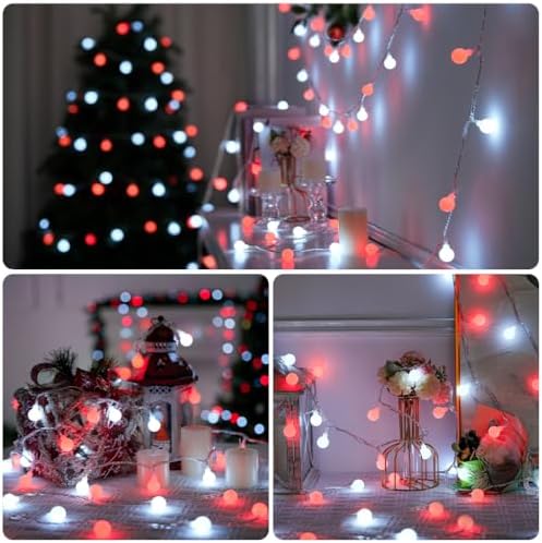 JMEXSUSS Connectable 100 LED Globe Red and White Christmas Lights Indoor
