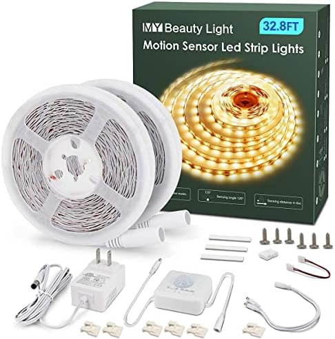 MY BEAUTY LIGHT Motion Activated LED Strip Lights, 32.8ft LED Light Strip with Day or Night 2 Lighting Modes,3 Timing Off Modes,Warm White 12v Plug-in LED Rope Lights for Under Cabinet,Kitchen,Stair