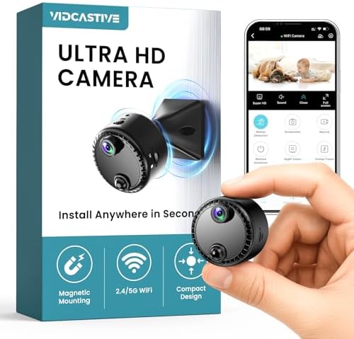 VIDCASTIVE 4K Mini Hidden Camera 2.4G/5G WiFi Wireless Indoor Security Camera for Home/Pet/Travel, AI Human Detection, Night Vision, Long Battery Life, SD & Cloud Storage