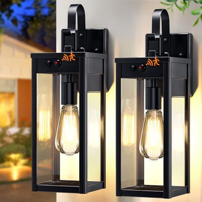 17" Solar Porch Lights Outdoor, with Motion Sensor, 2 Packs, Black