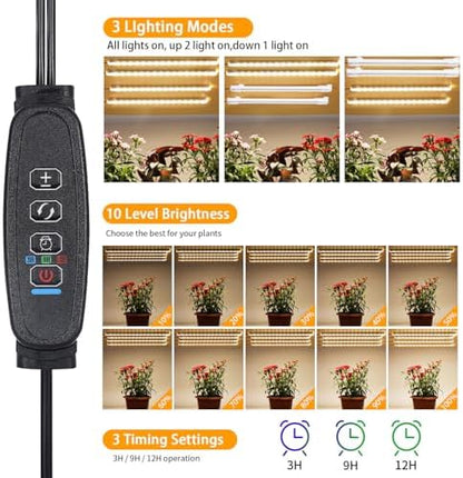 8.6'' LED Plant Growing Light Strips, Full Spectrum 3500K Grow Light for Indoor Plants with 3/9/12H Timer, 10 Dimmable Levels for Seedling Succulent and Plant Shelf, 4 Head 2 Pack