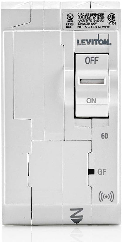 Leviton LB260-ES 60A 2-Pole Plug-On Smart GFPE Branch Circuit Breaker, Hydraulic Magnetic, 120/240 VAC, White
